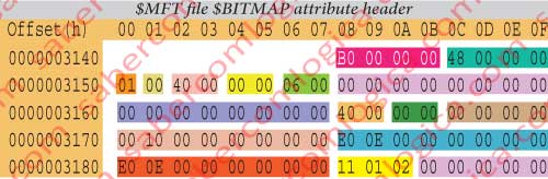 Figure 12.24 - Hexadecimal editor representation of the non resident and no named $BITMAP attribute header detail.